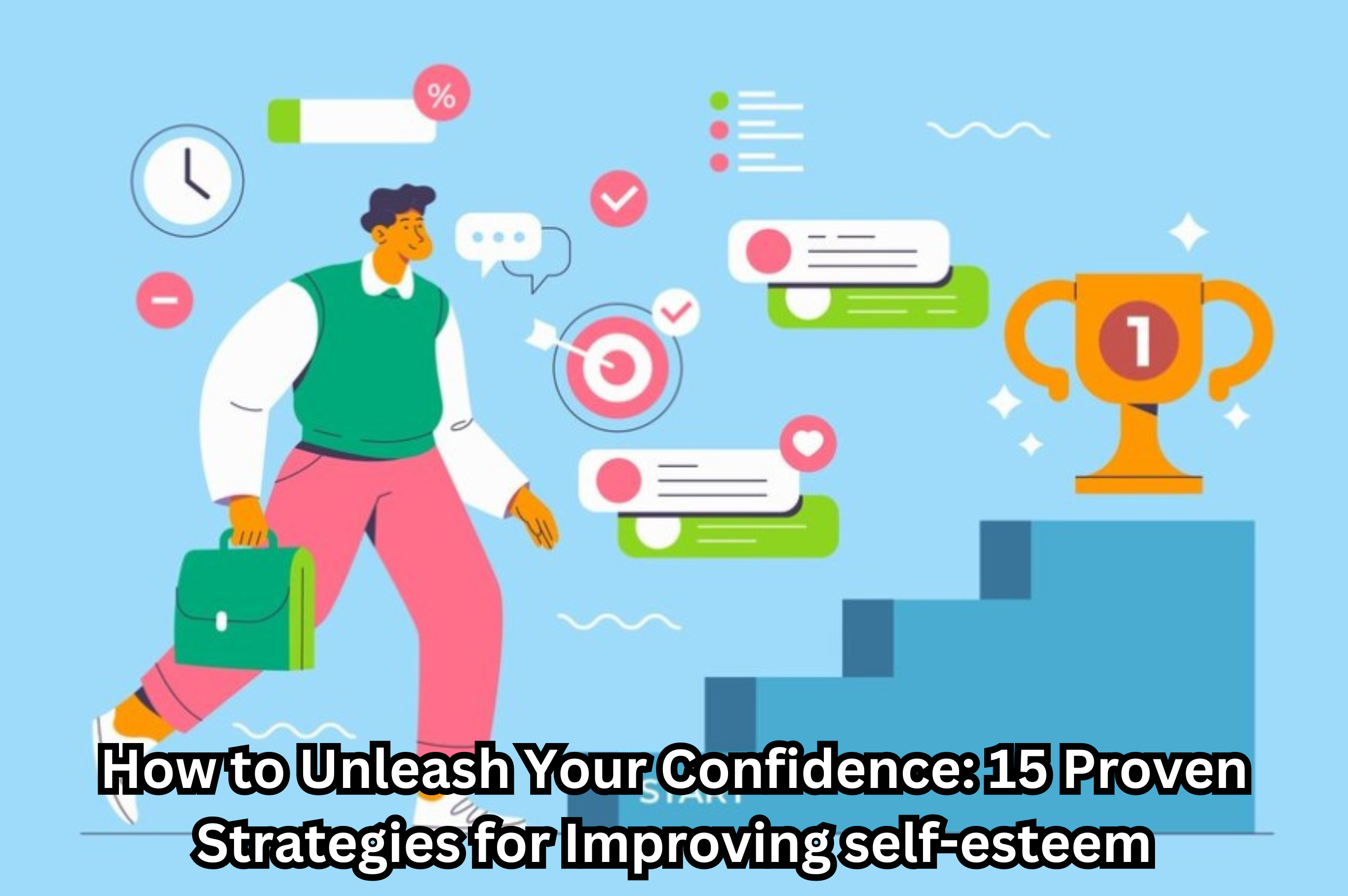 "Person confidently standing on mountain top, symbolizing improving self-esteem - 15 proven strategies