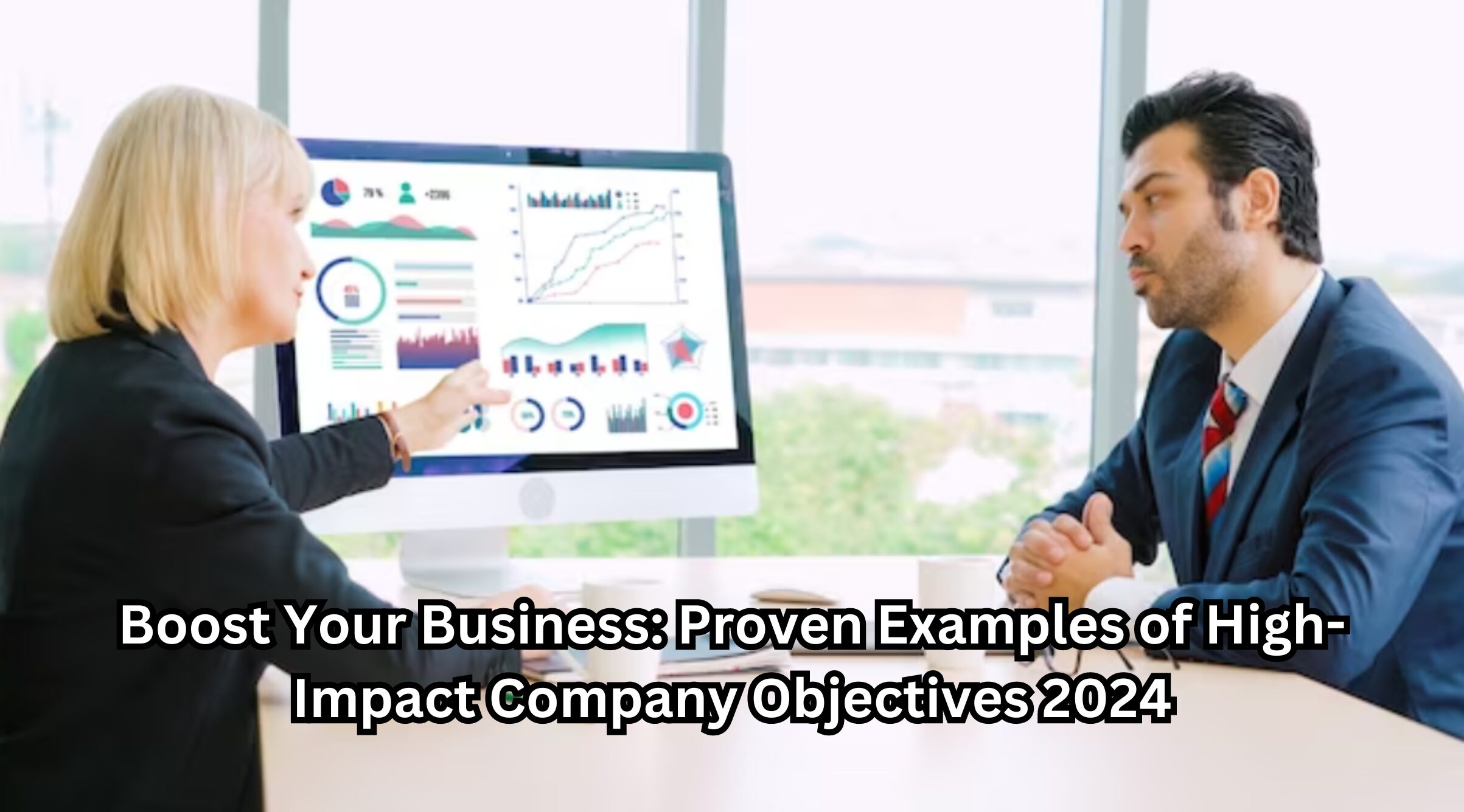 A dynamic collage showcasing various successful business strategies and objectives for 2024, including graphs, team meetings, and innovative technology, illustrating examples of high-impact company objectives.